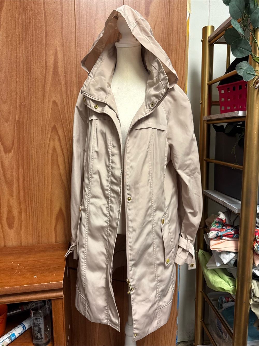 Calvin Klein Tan Raincoat Hidden Convertible Hood Snap Zip Close M Medium